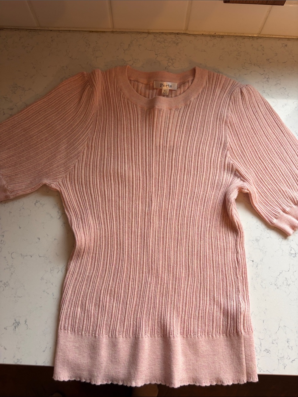 Forte Blush Pink Ribbed Short-Sleeve Crew Sweater